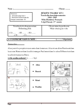 Đề kiểm tra học kỳ 2 test de fin deuxième semestre 2014 - 2015 môn (matière) français